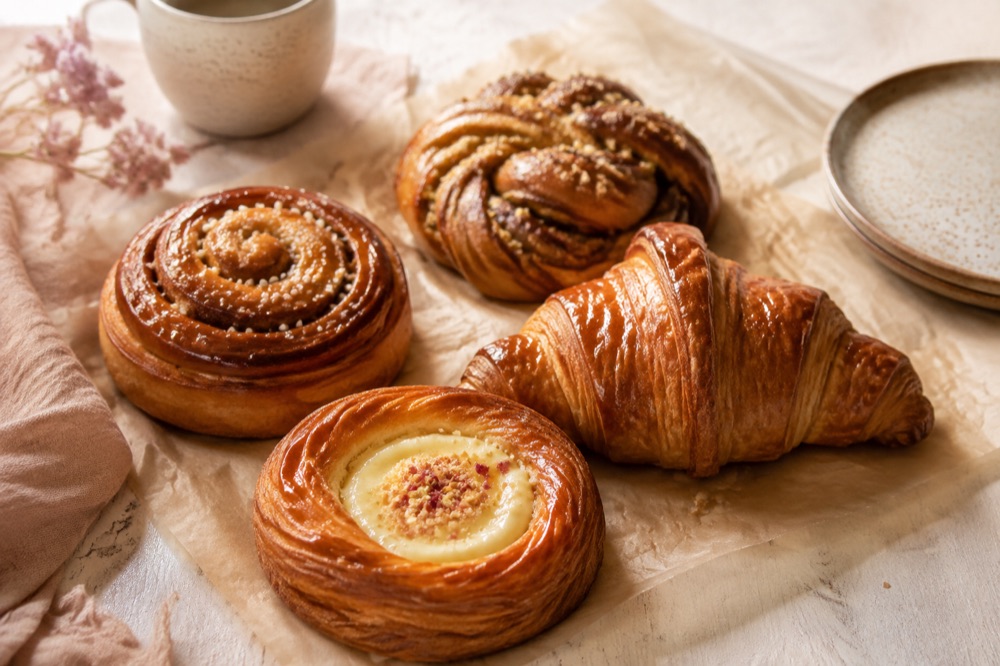 Kanelsnegl, kardemommesnurre, croissant og cremefyldt wienerbrød