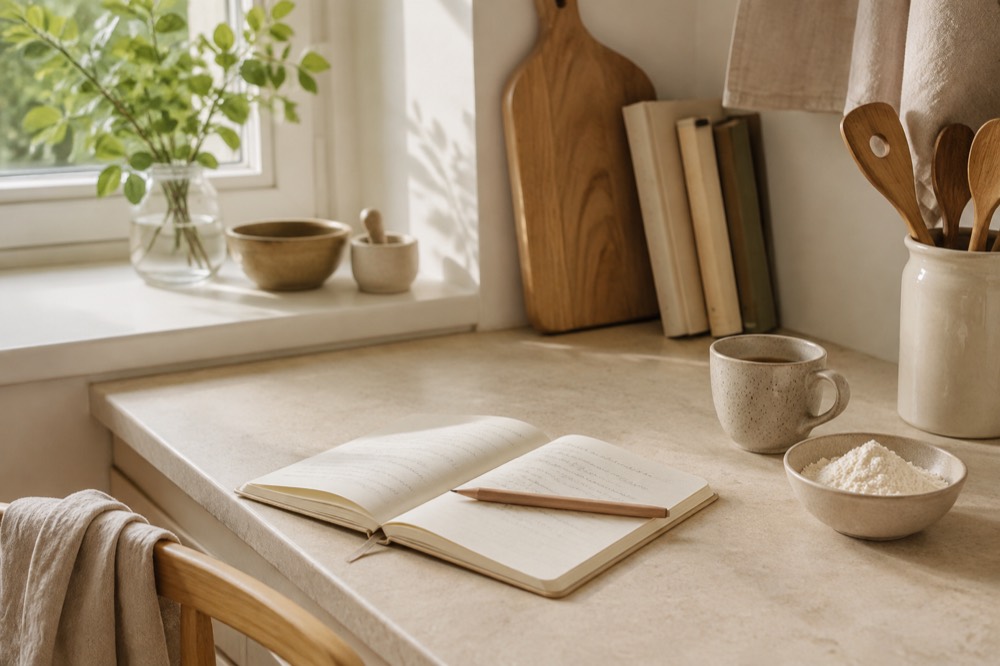 Opskriftsnoter, blyant og en kop kaffe på et lyst bagebord